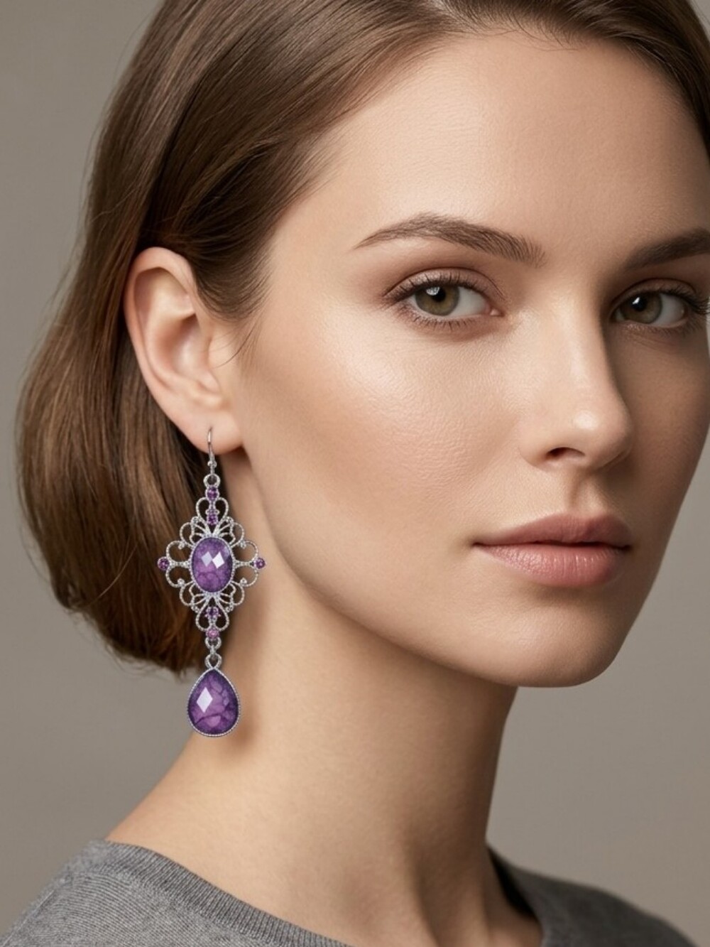 New Women's Purple Drop Filigree Earrings  Silver Statement Cocktail Jewelry